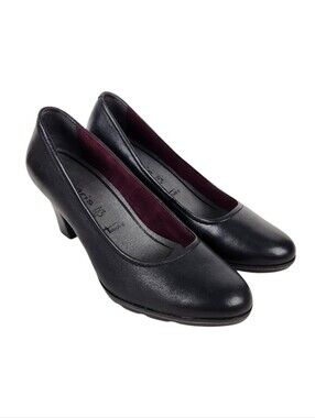 Tamaris Detmold Black Leather Pump Heels Almond Toe LBD Womens Size 41 Size 9.5